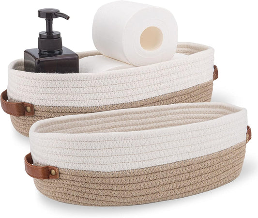 2 Pack Cotton Rope Bathroom Decor Basket,Toilet Paper Holder Basket,Farmhouse Home Decor Organizing Baskets 13"x5.9"x4" Brown Stitching White