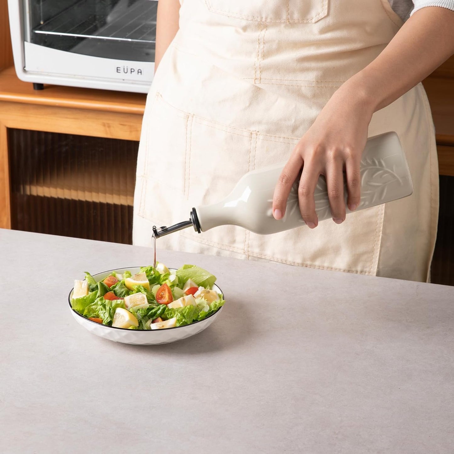 Sweejar Large Olive Oil Dispenser Bottle with Spout, 24 Oz Ceramic Oil Dispenser for Kitchen, Relief Opaque Oil Cruet, Oil Container for Cooking, EVOO, Avocado Oil, Vinegar, Pack of 1 (Beige)