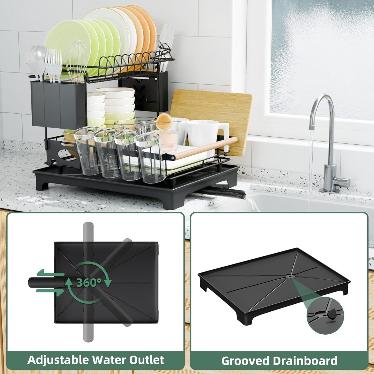 2 Tier Dish Drying Rack, Drying Rack with Automatic Drainboard, Dish Racks for Kitchen Counter, Rustproof Dish Drainer with Removable Utensil Holder, Cups Holder,Black
