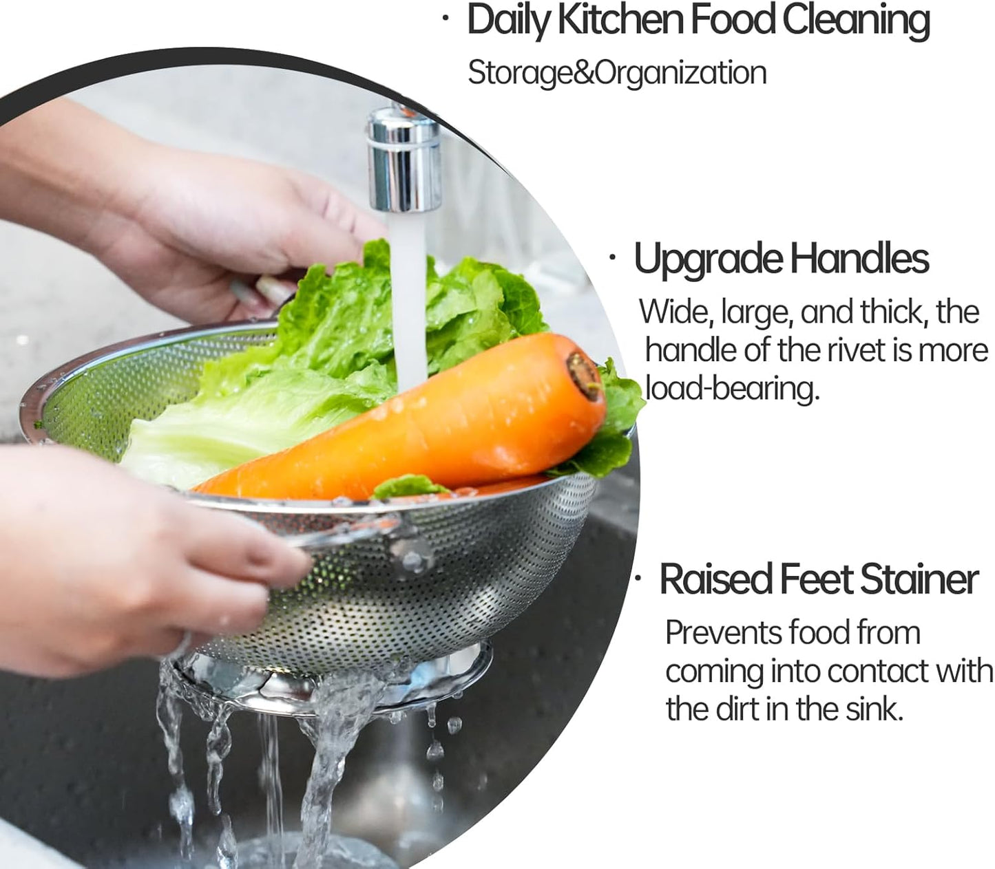 Premium Stainless Steel Colander for Kitchen, Food Strainer Basket with Handle and Solid Ring Base for Fruits Vegetables Rice and Pasta, Dishwasher Safe (5QT)