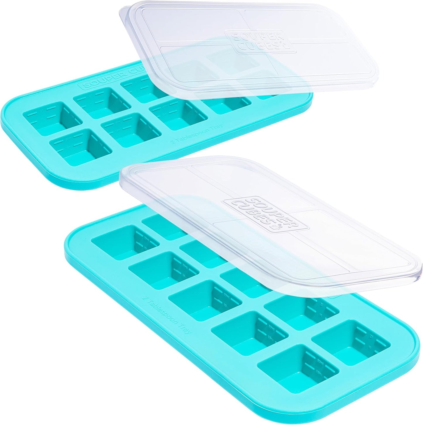 Souper Cubes 2 Tbsp. Silicone Freezer Molds - Perfect for Storing Garlic, Herbs, Ginger, Pesto, Tomato Paste, Lemon Juice, Purees and More - Silicone Baby Food Freezer Tray - Aqua – 2-Pack