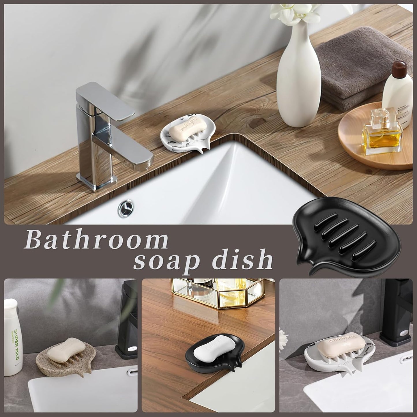 Soap Dish with Drain- Self Draining Bar Soap Holder for Shower, Large Resin Soap Savers Soap Tray Sponge Holder for Kitchen, Bathroom, Bathtub Sink, Linen