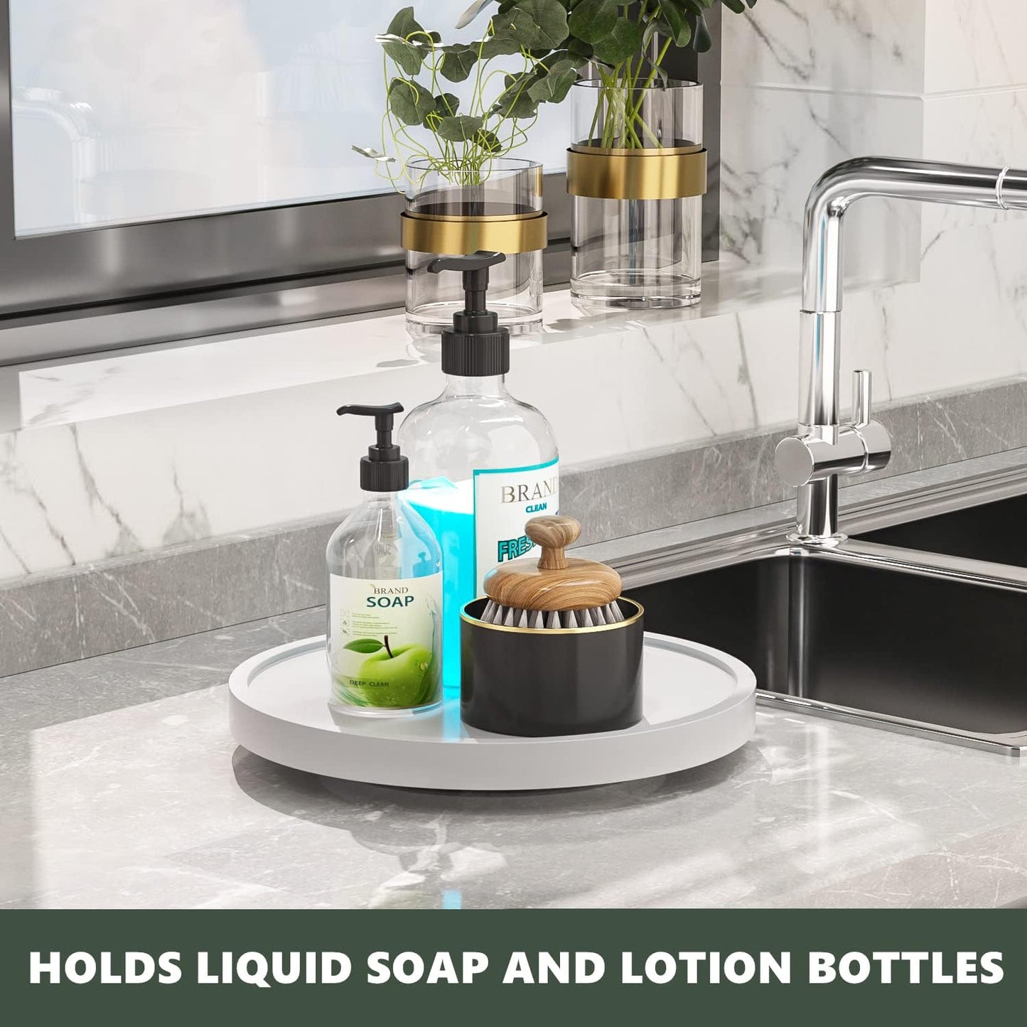 Turntable Vanity Tray 10 Inch for Perfume Candle, Bamboo Kitchen Sink Countertop Organizer for Keep Glass, Sponge and Soap Bathroom Countertop Organizer White