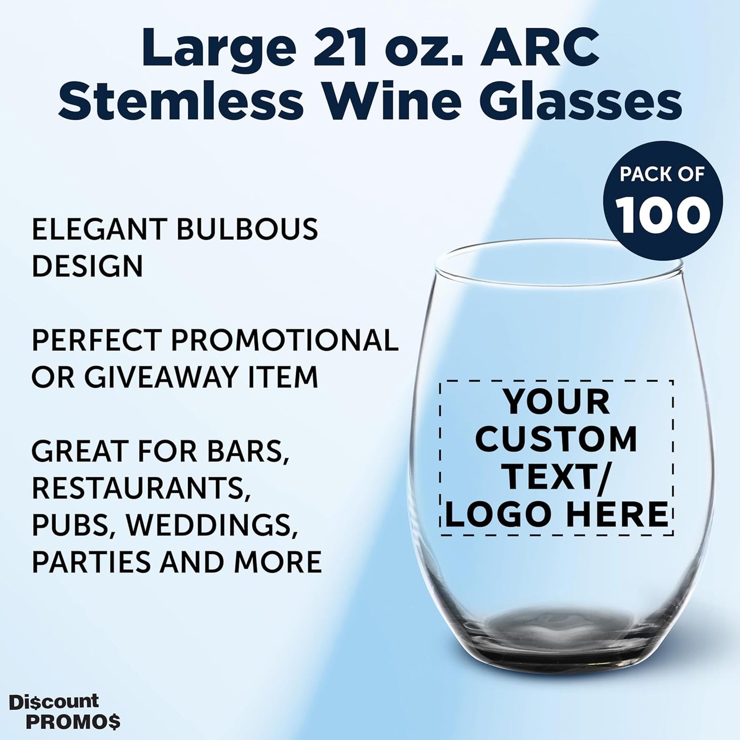 DISCOUNT PROMOS 100 ARC Stemless Wine Glasses Set, 21 oz. - Customizable Text, Logo - Chardonnay, Cabernet, Merlot, Sauvignon - Black