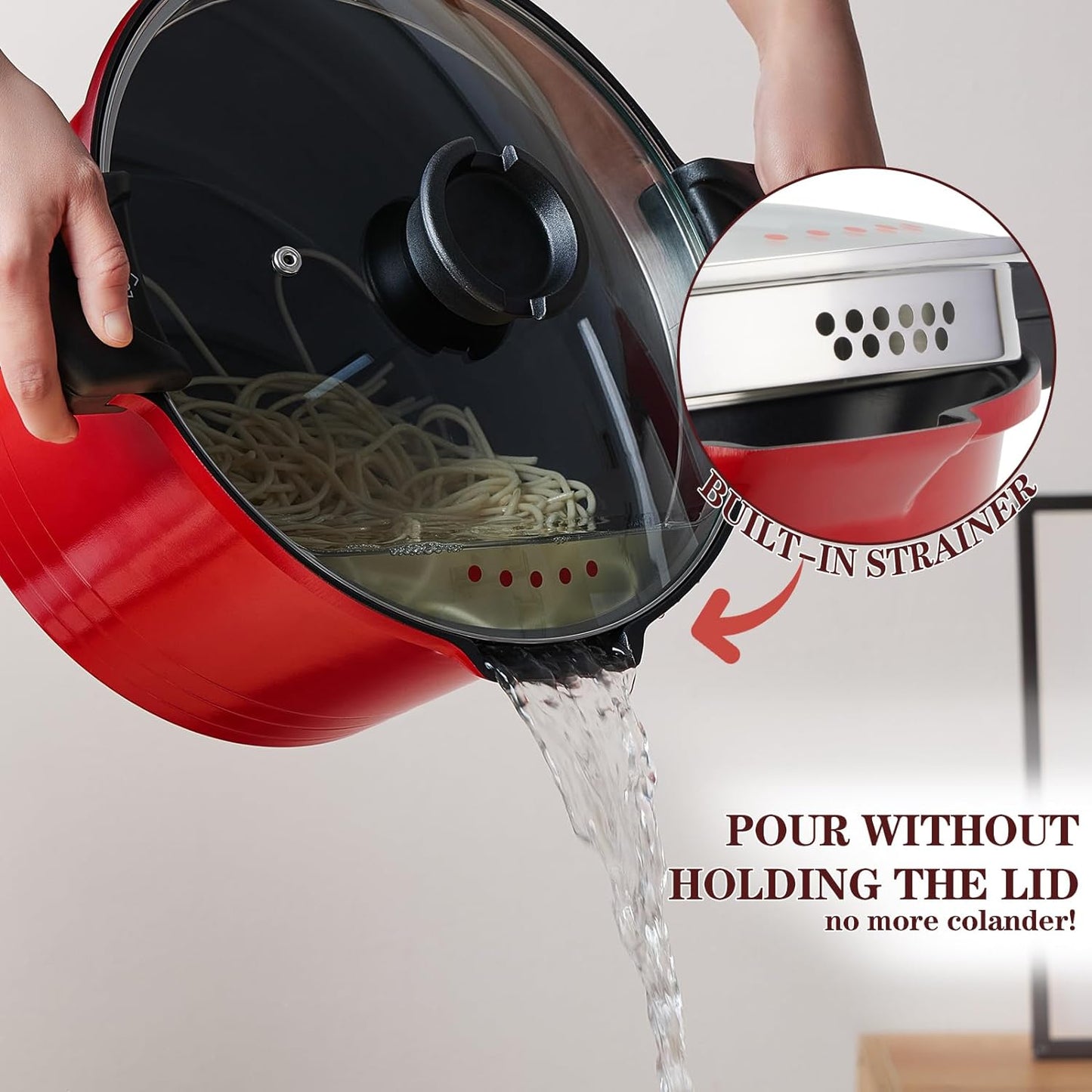 ACTIV CUISINE 8.5qt Pasta Pot with Strainer Lid, Cast Aluminum Stockpot Multipot, Nonstick Ceramic Coating make Cleanup easy with Tempered Glass Lid, Dishwasher Safe, Induction, Red