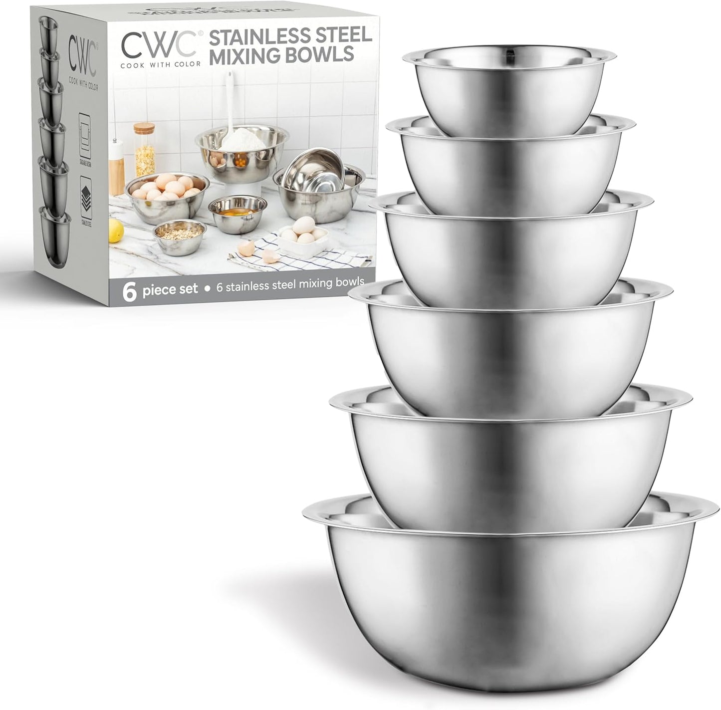 COOK WITH COLOR Stainless Steel Mixing Bowls Set - Nesting Bowls, 6 Pieces, Silver