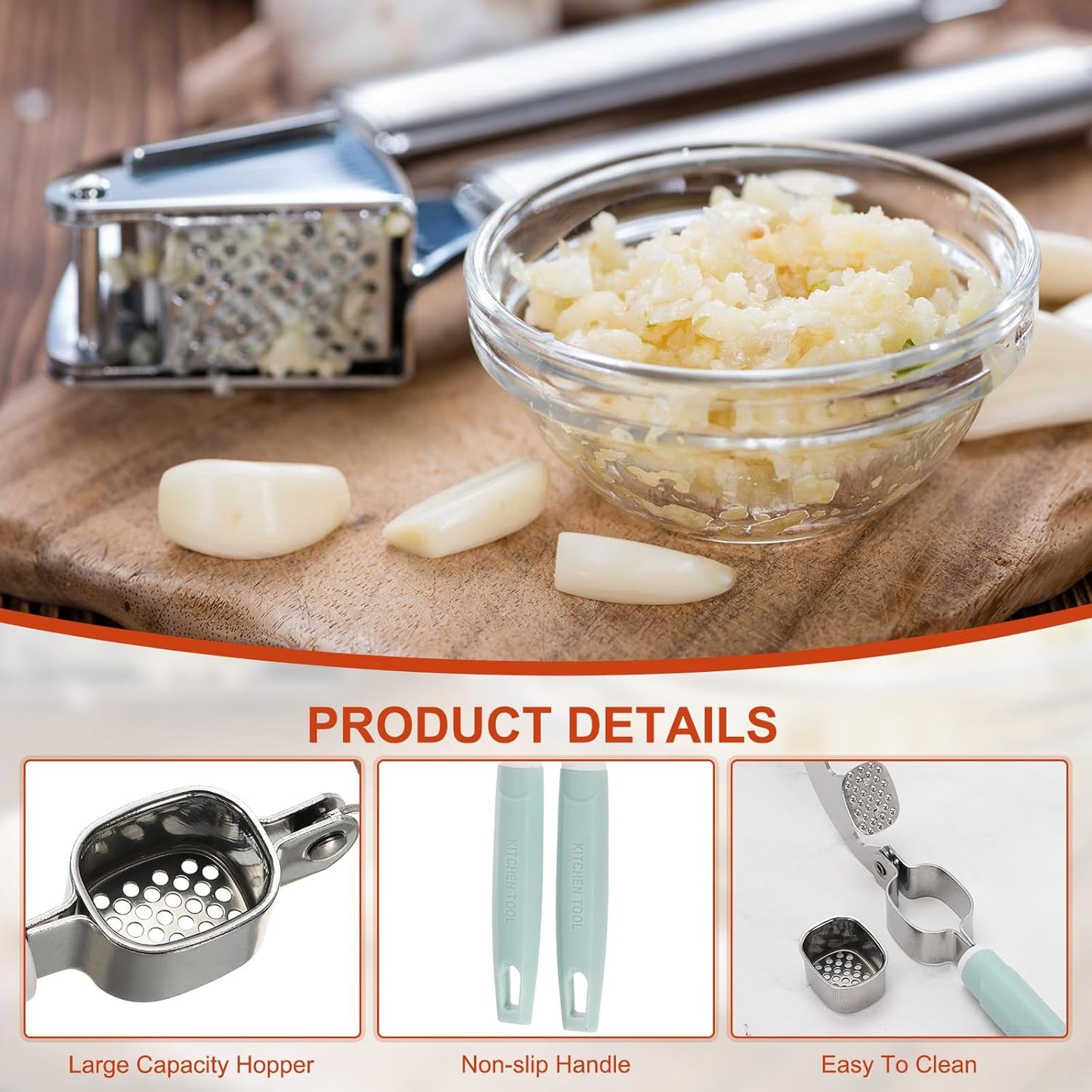 uxcell 2pcs Garlic Press, 7.7 Inch Stainless Steel Garlic Crusher and Peeler Set for Home Cooks and Professional Chefs, Blue