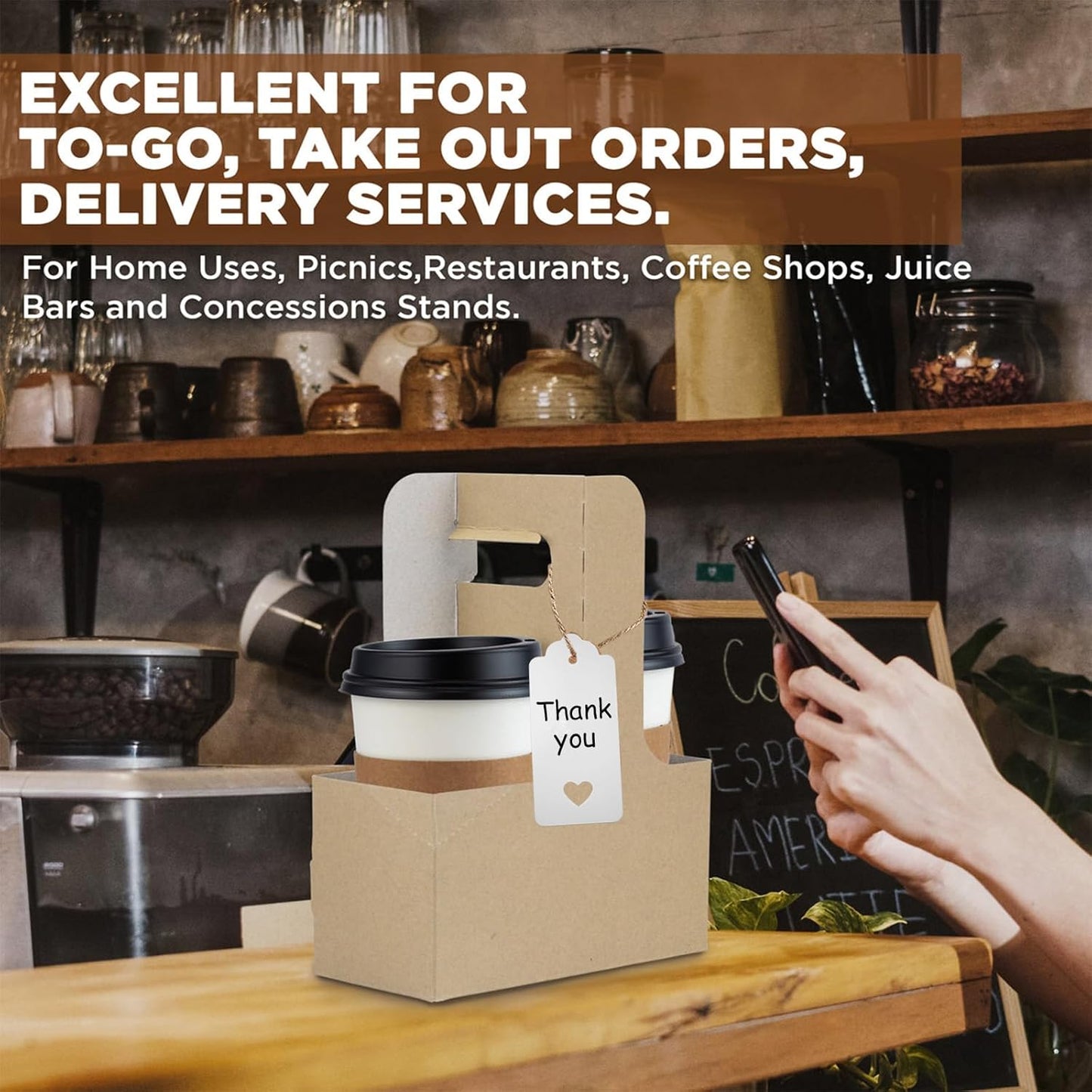 10 Pack 2 Cup Disposable Drink Carrier with Handle Paperboard Coffee Cup Holder Portable for Hot Cold Drinks Food Delivery Services with Heart Card for Teacher Appreciation Week Mother's Day