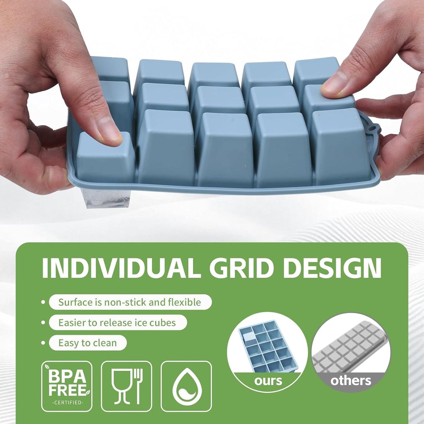 Silicone Ice Cube Tray, 2 Pack Easy-Release Stackable Ice Trays for Freezer with Lid 15 Reusable Cubes, Food Grade BPA Free Ice Molds for Whiskey, Baby Food, Coffee, Cocktail, Drinks (Blue)