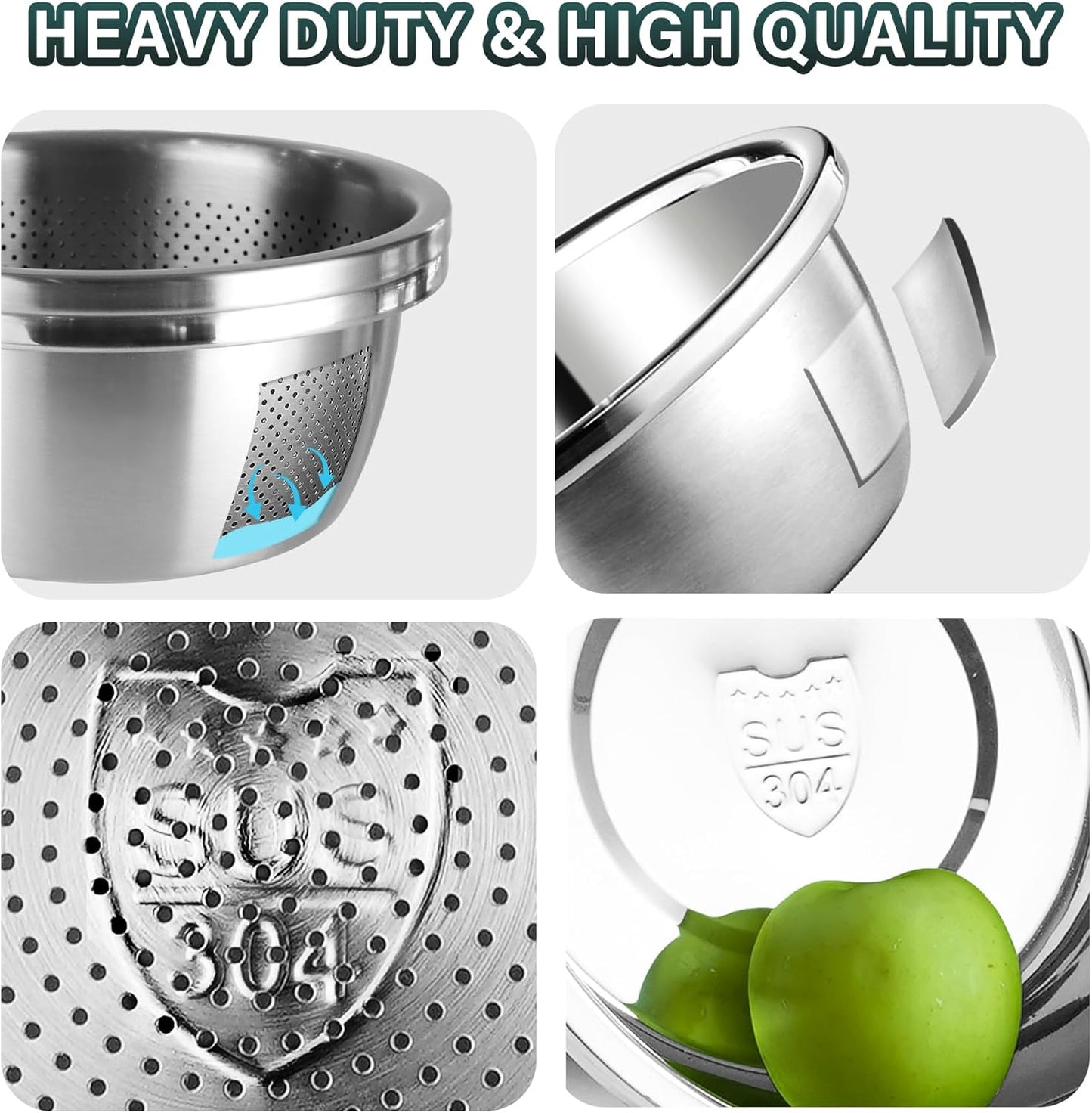 304 Stainless Steel Colander 4QT Microporous Colander & Large Bowl for Kitchen,Rice Strainer with Salad Mixing Bowl for Pasta Straining,Fruit Washing,Vegetable Draining,Food Mixing(2PCs)