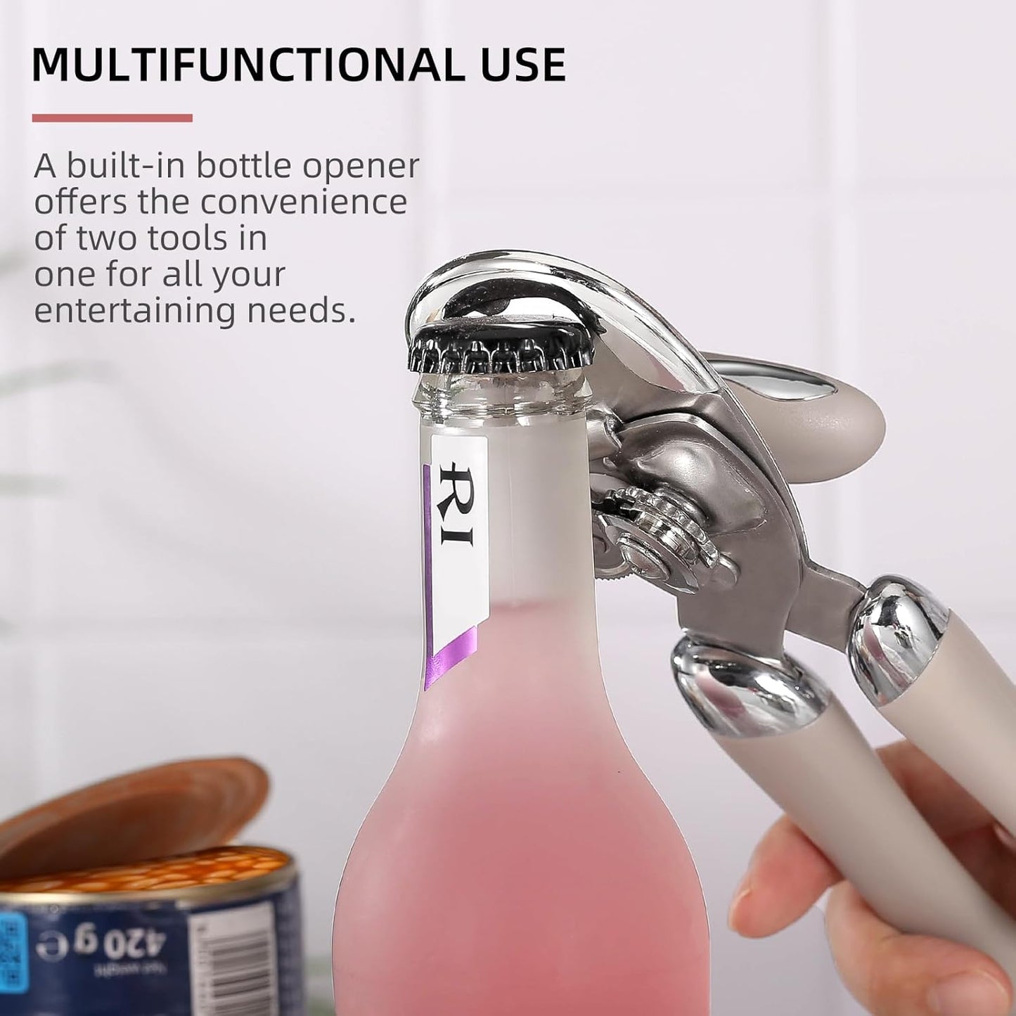 Multi-function Manual Can Opener Bottle Opener, Oversized Hand-held Easy Rotary Knob, Safe Cut Can Opener with Non-Slip Handle, Smoother Cut Sharp Blade for Seniors Kitchen Tool, Grey