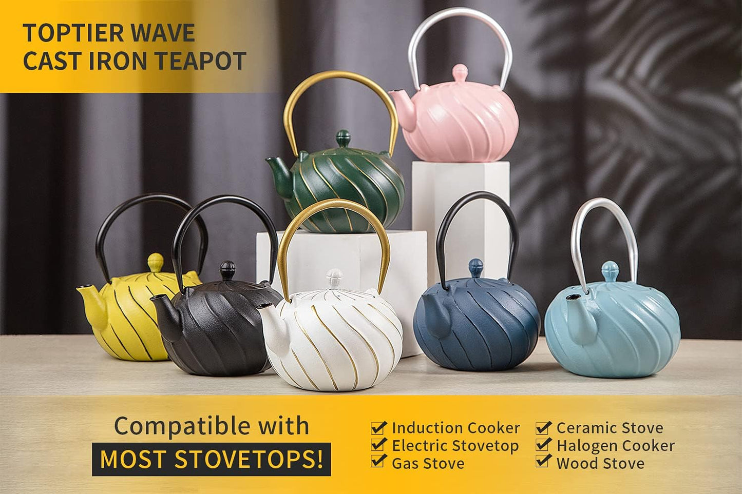 TOPTIER Japanese Cast Iron Teapot with Infuser, Stovetop Safe Teakettle, Wave Design, Enameled Interior, 30 oz (900 ml), Green