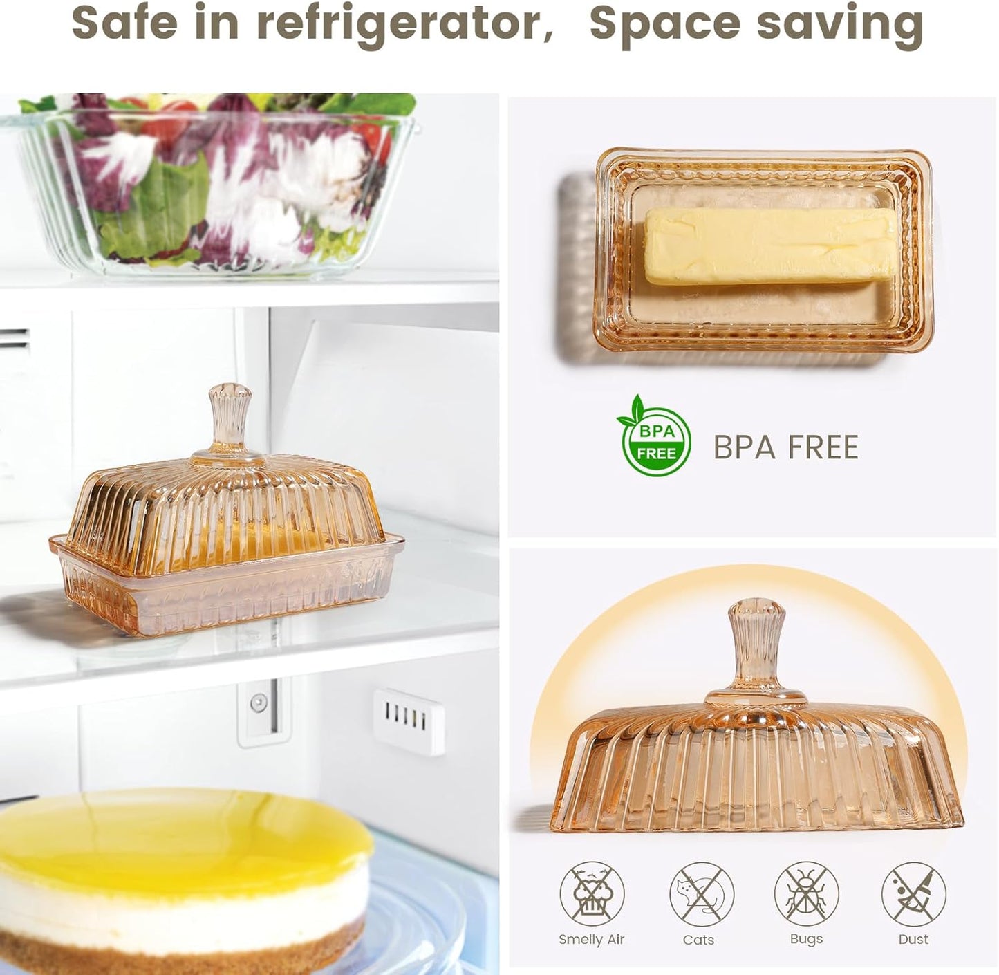 Wide Glass Butter Dish with Cover for Countertop Vintage Crystal Butter Holder for Counter Covered Glass Butter Keeper Butter Holder for Refrigerator,Butter Tray with Two Stick 4oz Butter