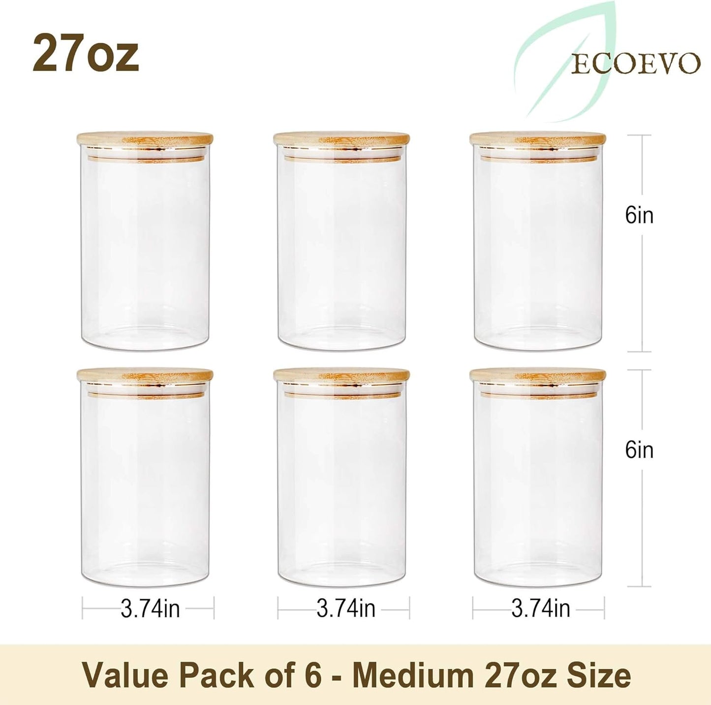 Glass Jars with Bamboo Lids (27oz in 6 Pack), Glass Food Jars and Canisters Sets, Food Storage Container with Airtight Lids, Food Pantry Jars,