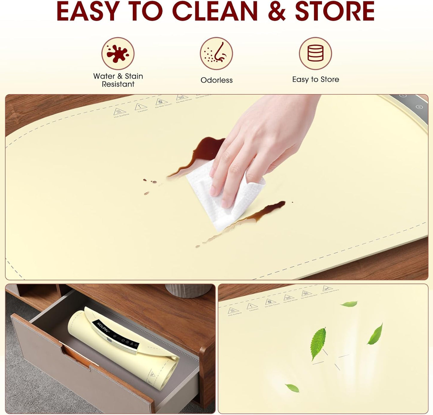 Warming Mat for Food, MQUPIN Food Warming Mat with 7 Temp Settings 1-4 H Timer and Child Safety Lock, Full Surface Heating Roll Up Electric Warming Tray for Gatherings,Parties,Buffet,Daily Use（Beige）