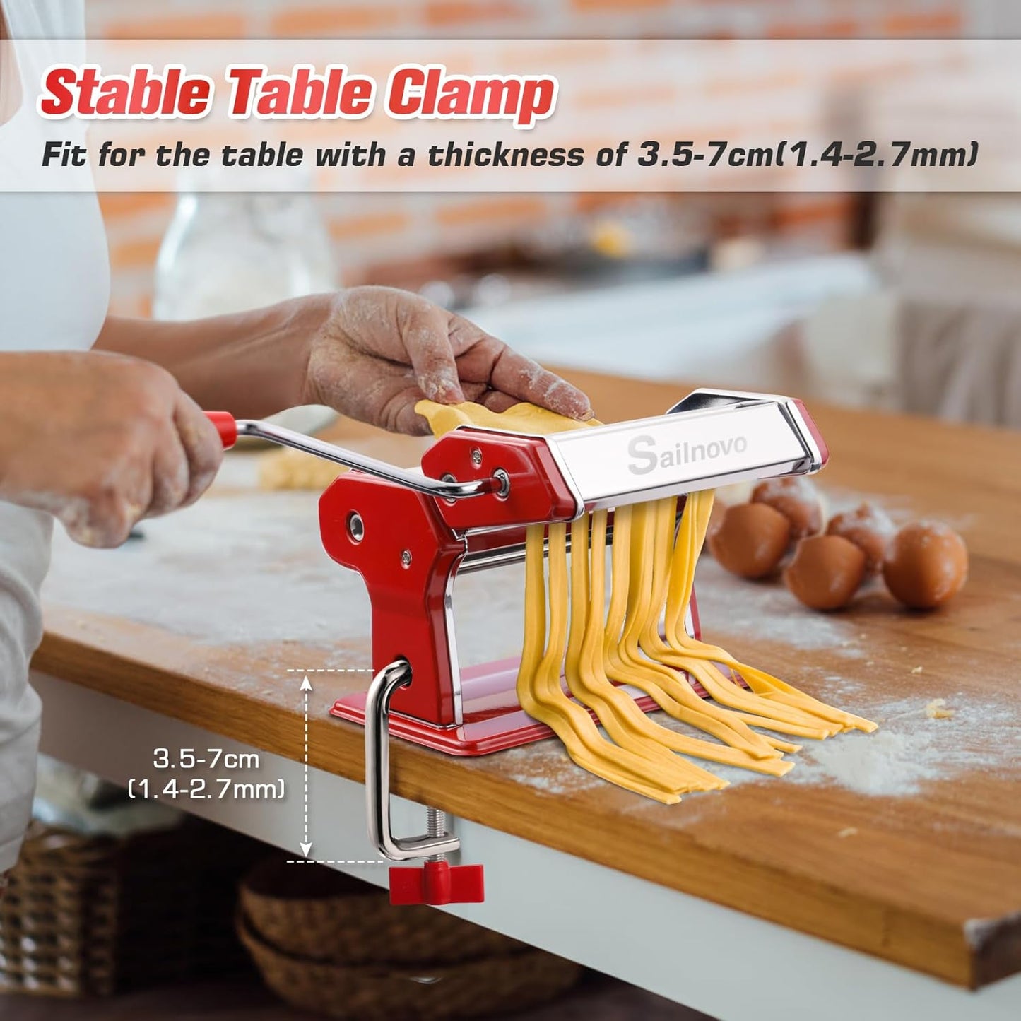 Sailnovo Pasta Maker Machine, 180 Roller Pasta Maker, 9 Adjustable Thickness Settings 2-in-1 Noodles Maker with Rollers and Cutter, Perfect for Spaghetti, Fettuccini, Lasagna or Dumpling Skin Red