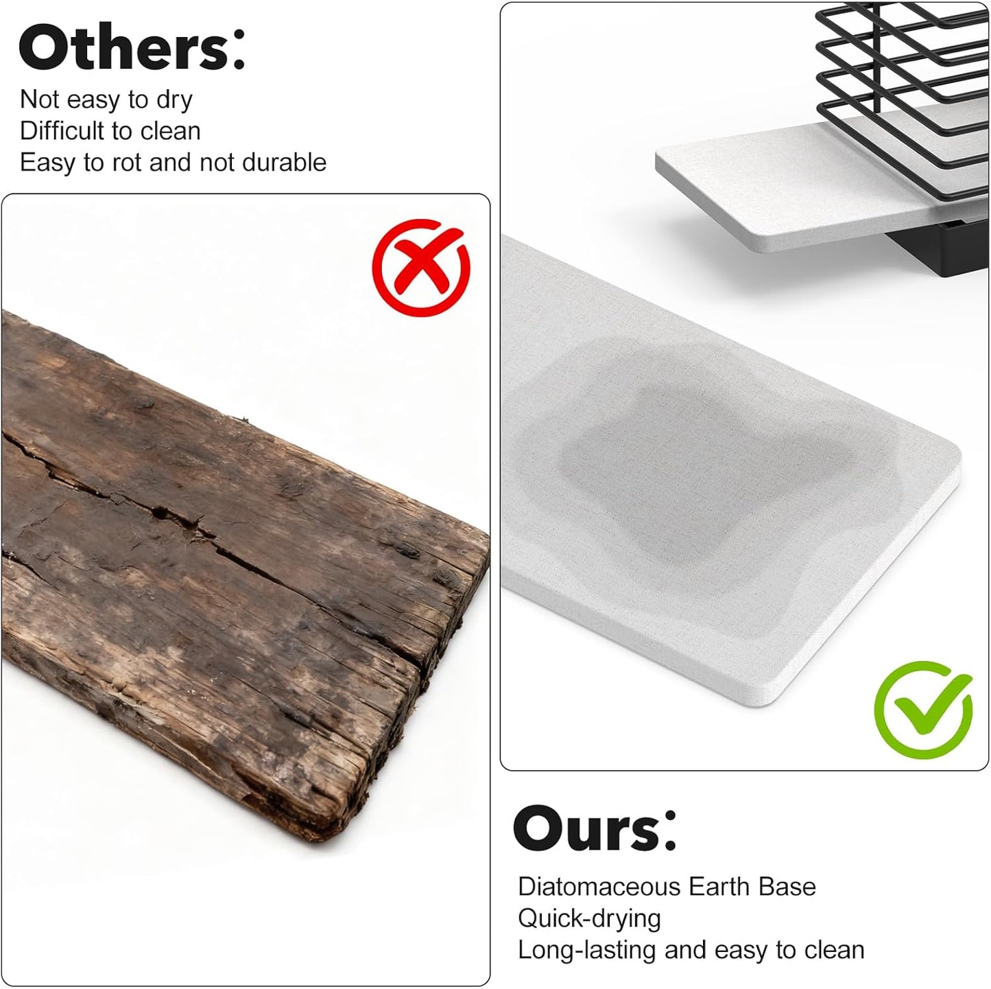 Utensil Holder for Kitchen Counter with Fast-Drying Diatomaceous Earth Base, Large Utensil Organizer with 3 Compartments, Black Metal Cooking Tools Storage