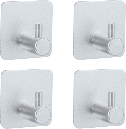 Aluminum Wall Hooks, No Drill Damage-Free Adhesive Hook, Product for Hanging Heavy Duty for Bathroom Kitchen Home (Single Square Sliver Hook, 4)