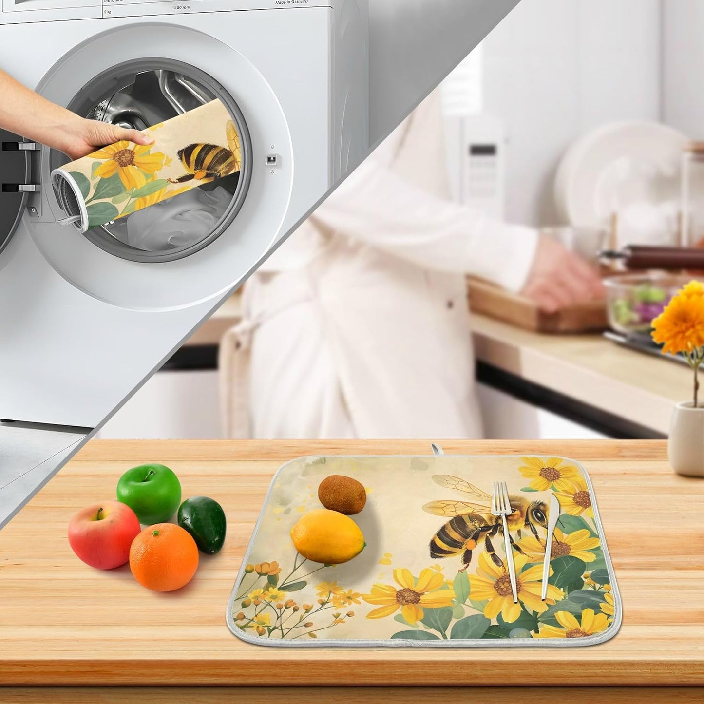 Honey Bee Dish Drying Mat for Kitchen Counter Absorbent Microfiber Large Drying Pad Yellow Flowers Leaves Dish Mats for Kitchen Countertops 18 x 24 Inch117
