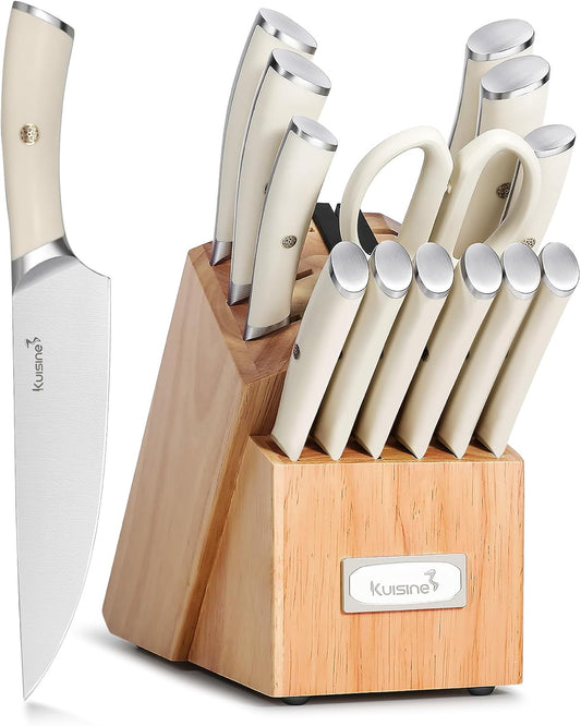KUISINE Knife Set High Carbon Stainless Steel Super Sharp Blade Ergonomic Rivet Handle,Knife Block Set with Built-in Sharpener(Ivory Acacia Pro 15PCS)