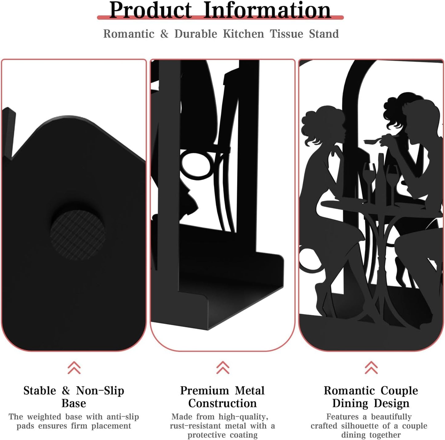 Modern Standing Napkin Holder for table, Black Metal Napkin Dispenser, Romantic Couple Meal Theme Style Napkin Holder, Suitable for Kitchen, Coffee Shop, Dining Room