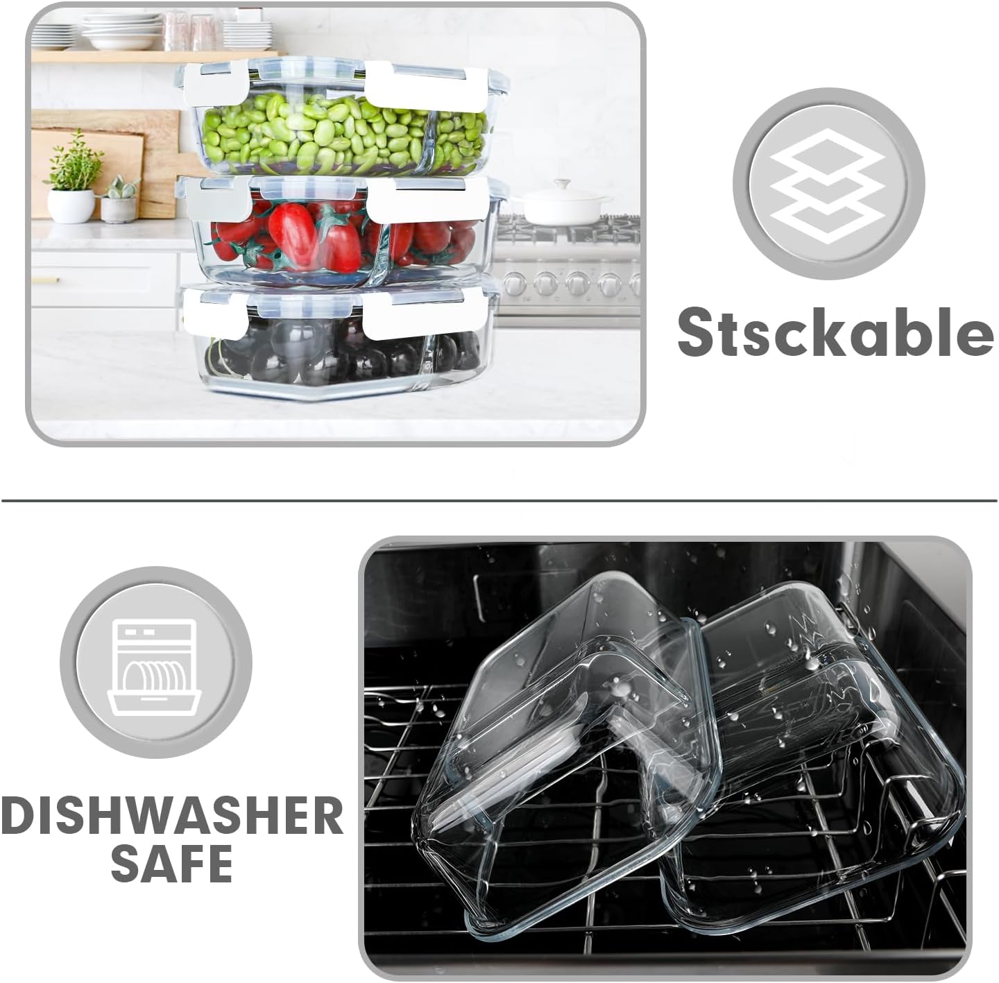 VERONES 10 Pack Glass Meal Prep Containers 2 Compartment Set, 30 OZ Airtight Glass Lunch Containers, Food Storage Containers with Lids, for Microwave, Oven, Freezer & Dishwasher Friendly，White