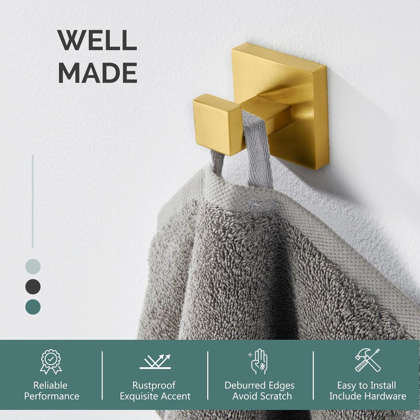 Angle Simple Towel Hook, SUS 304 Stainless Steel Hand Towel Holder for Bathroom, Wall Coat Hook, Brushed Gold