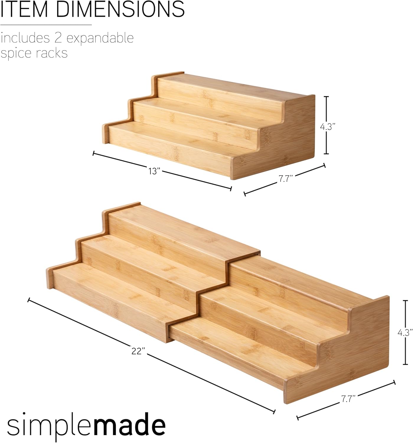 SIMPLEMADE 3-Tier Spice Rack Organizer - Versatile Storage Shelf for Kitchen, Bathroom, Bedroom & Office, Set of 1, Expandable Bamboo