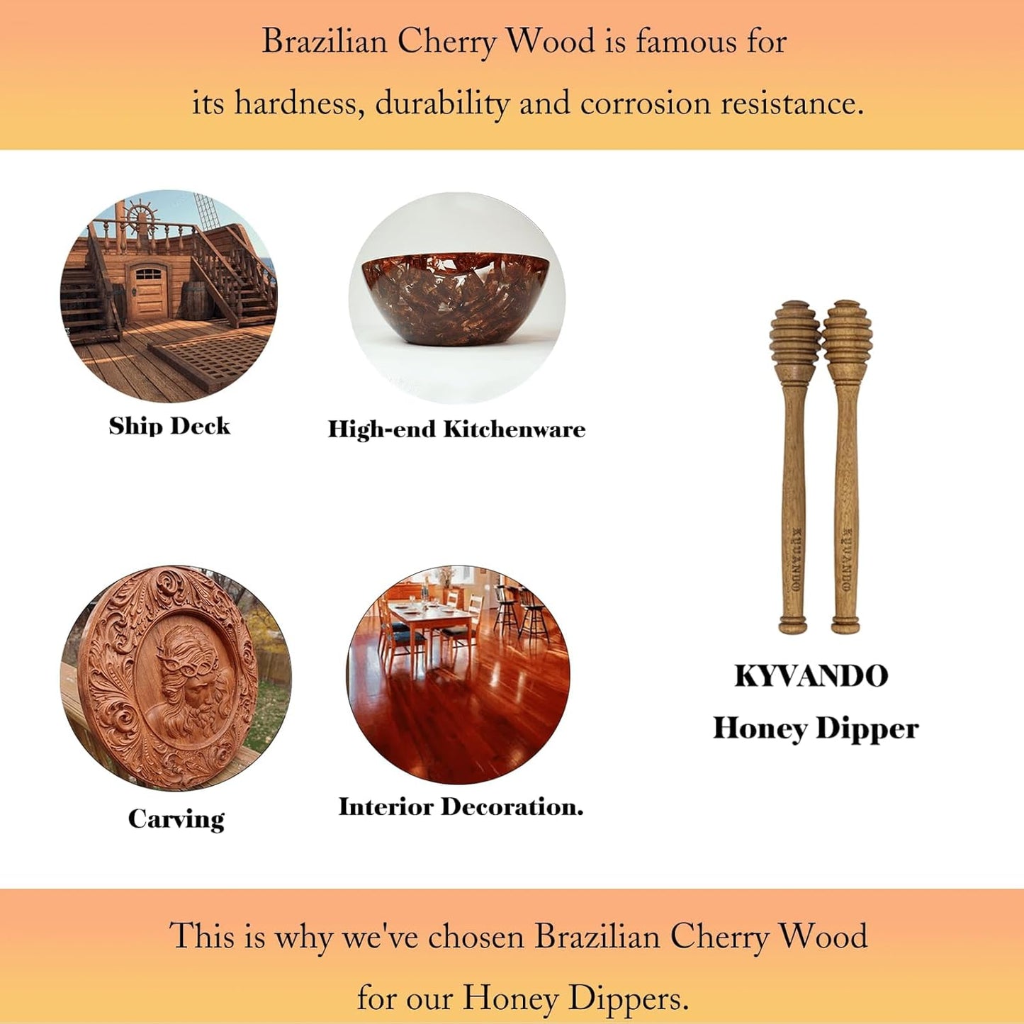 Brazilian Cherry Wood Honey Dipper - Durable & Warp-Resistant, Preserves Honey Purity, 2pcs, 6.3 Inch