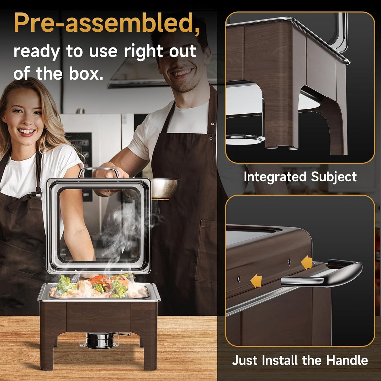 Chafing Dishes for Buffet, 6QT Square Stainless Steel Chafing Dish with Transparent Hydraulic Lid, 304 Food Pan, Buffet Warmer for Parties and Events (Wood Color)