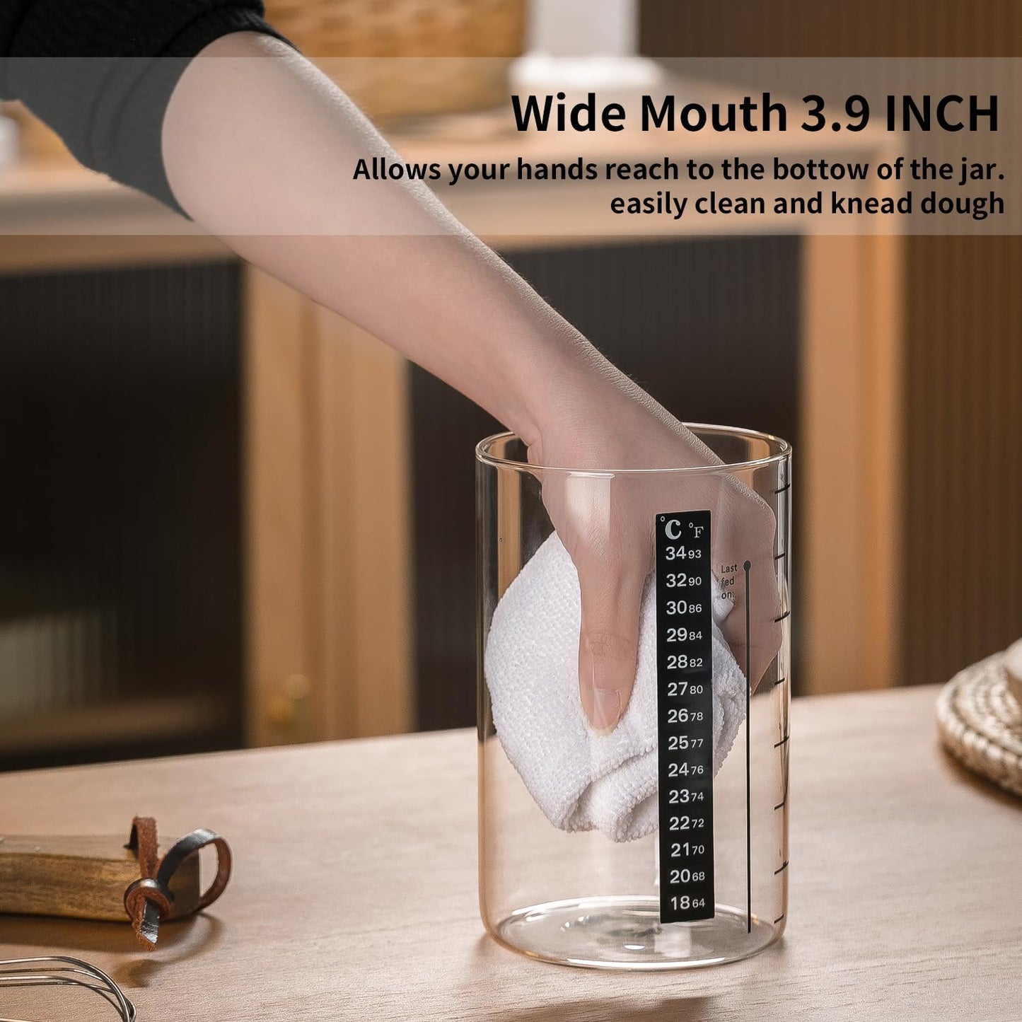 Wissy&Konny Sourdough Starter Jar,2PACK 35OZ Wide Mouth with Ounce Scale line,Date Marked Feeding Band, Thermometer, Sourdough Jar Scraper, Cloth Cover & Stainless Steel Lid Sourdough Starter Kit