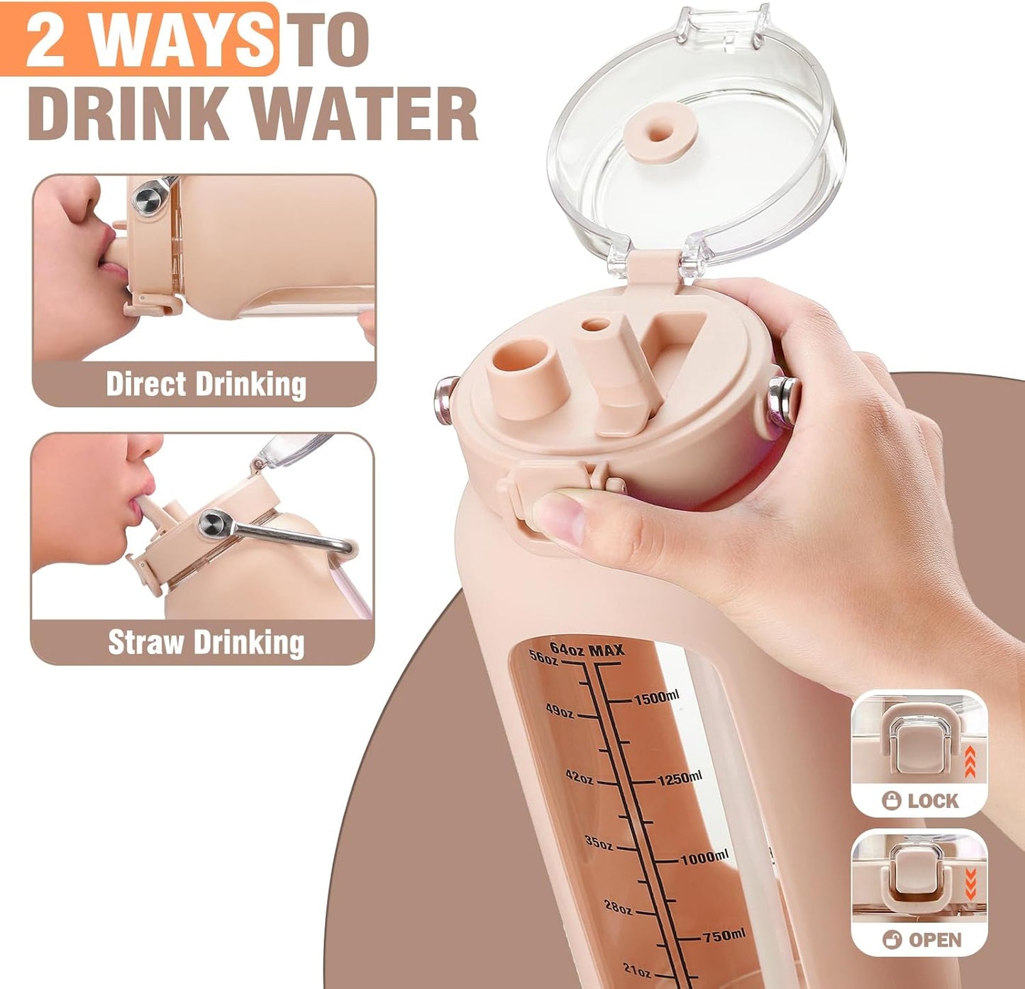 kytffu 64 oz Glass Water Bottle with Straw and Stainless Steel Handle, Half Gallon Water Bottle with Silicone Sleeve and Time Marker, 2L Large Glass Bottle for Gym, School, Travel, Leak-proof (Amber)