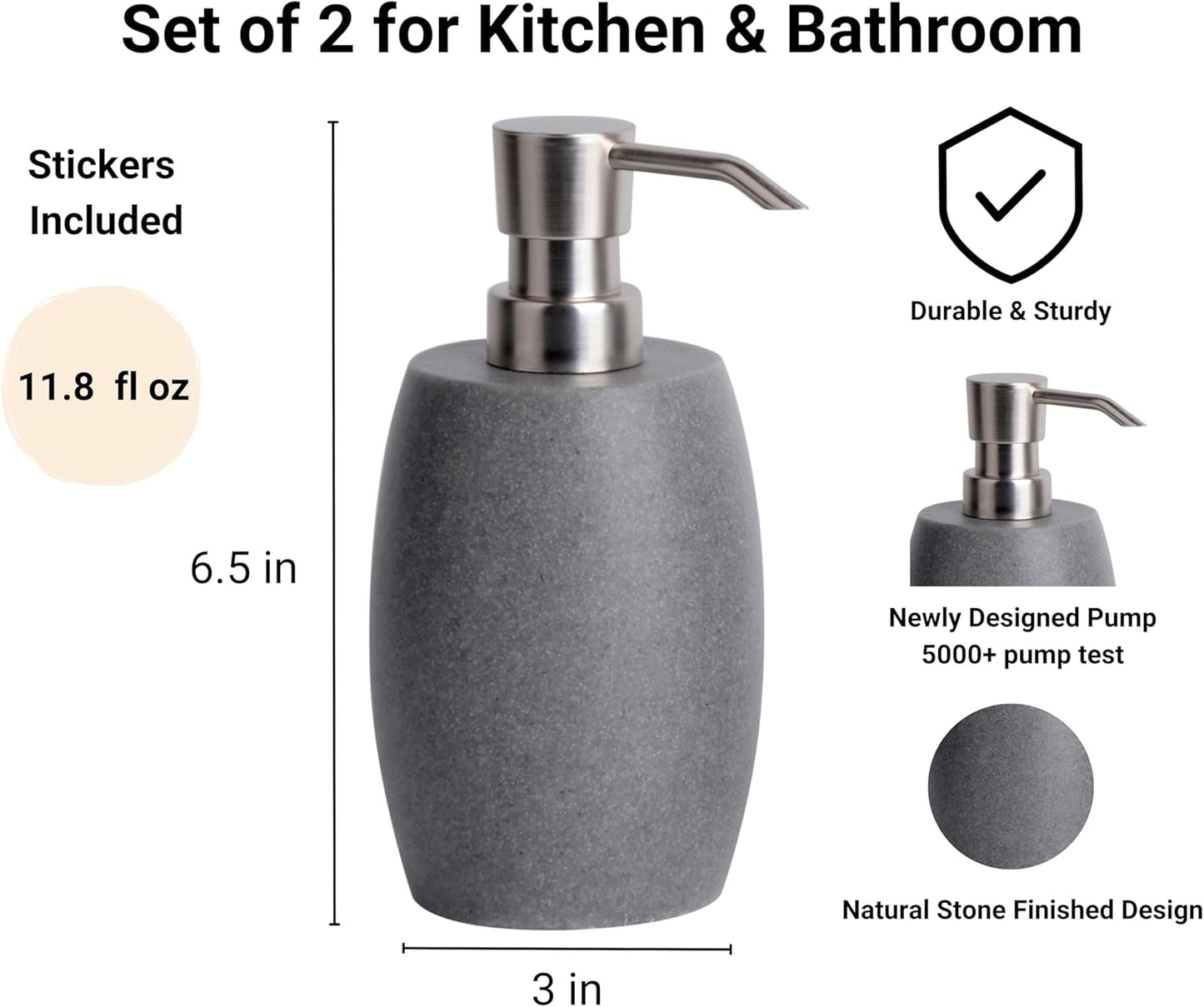 Sandstone Textured Resin Soap Dispenser with Metallic Pump and Waterproof Bottle Labels for Bathroom Kitchen Dish Hand Wash Shower Lotion Shampoo, 12 Oz, 2 Sets Gray