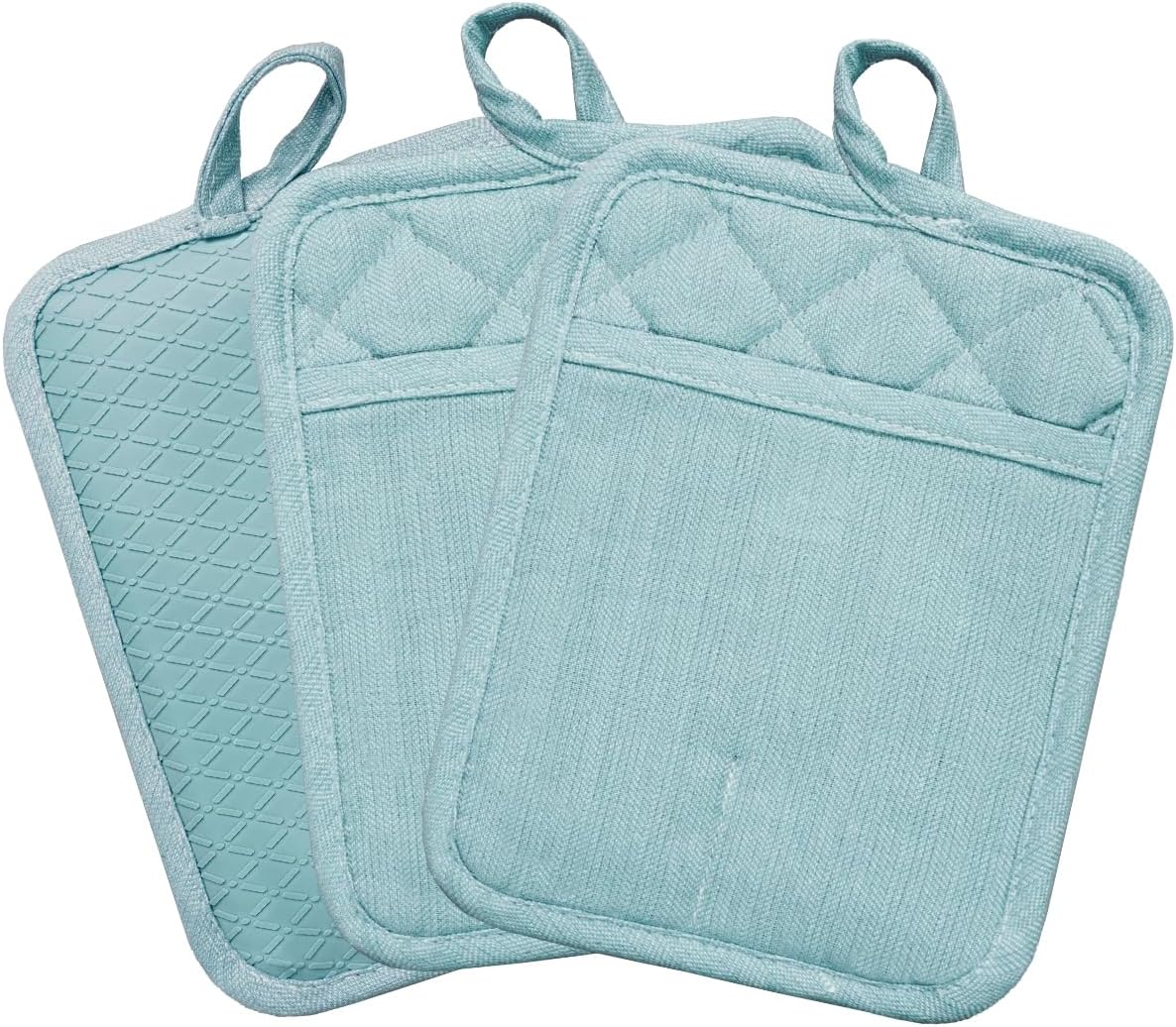 Pot Holders Yarn-Dyed Set of 3 Non Slip Silicone Kitchen Lines Heat Resistant 500℉ Kitchen Gloves BBQ Cooking Baking Cooking Barbecue Microwave Machine Washable (Light Blue Potholders)