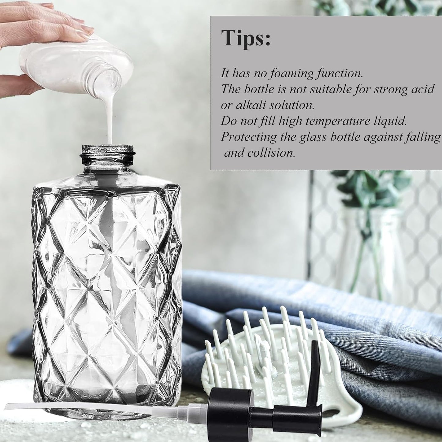 12Oz Small Glass Soap Dispenser with Black Plastic Pump, Clear Refillable Kitchen Countertop Liquid Hand Soap Dispensers with Diamond Design, Crystal Bathroom Lotion Bottle for Dispense Dish Soap