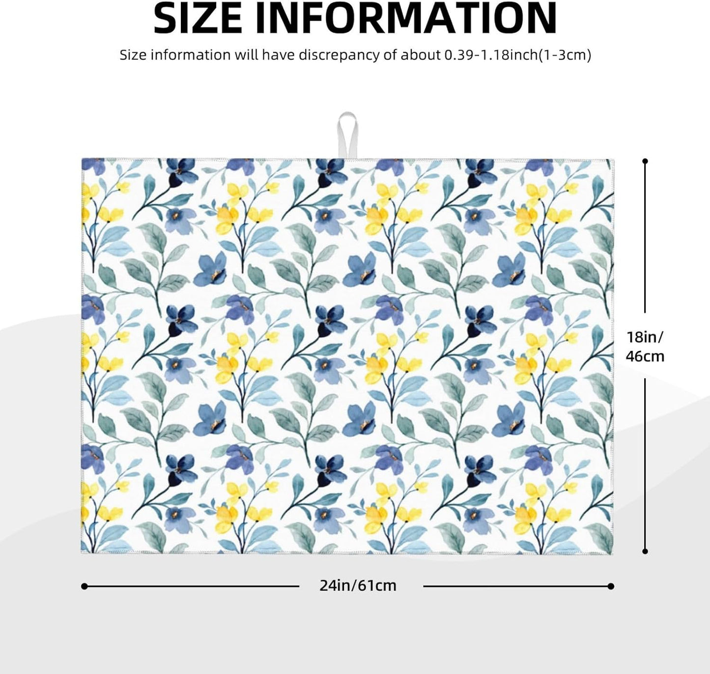 Floral Dish Drying Mat 18x24 for Kitchen Counter, Blue Yellow Flower Decorative Absorbent Coffee Mat Dish Drying Pad Coffee Bar Dish Drainer Rack Mat Drainer Mat