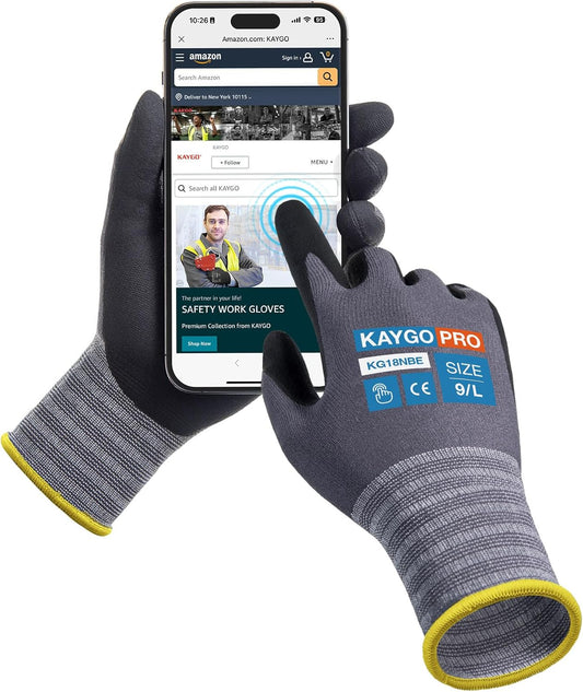 KAYGO Safety Work Gloves MicroFoam Nitrile Coated, 3 Pairs KG18NB,Seamless Knit Nylon Glove with full fingers Touchscreen, Ideal for Automotive,Warehouse,Construction (Gray, Large)