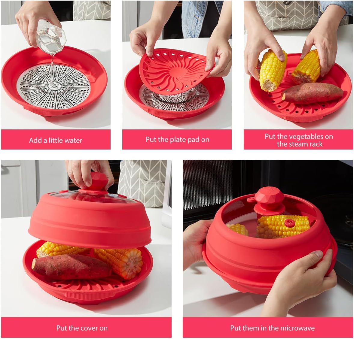 Microwave Splatter Silicone Cover Collapsible, Vented Multifunction Splash Lid with Glass Dish Bowl Plate for Food Cooking Bacon Maker, Dishwasher Safe BPA-Free 9 inch Cookware Set Red