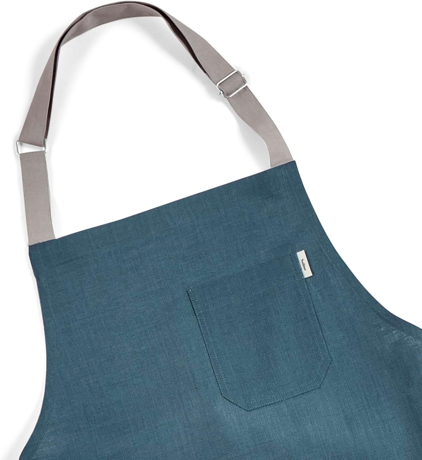 Solino Home Linen Kitchen Apron for Men & Women - Peacock Blue/Soft Grey Bib Apron with Front Pockets - Handcrafted from European Flax