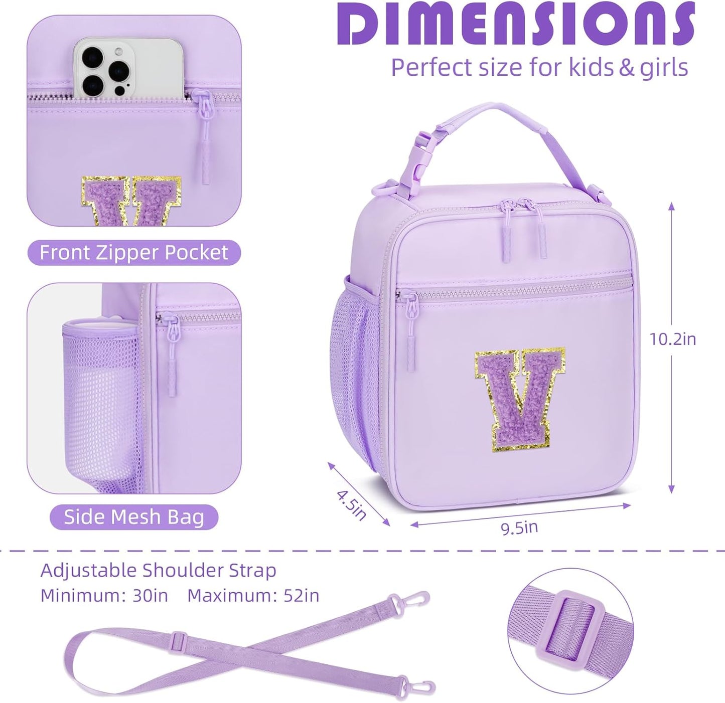 Initial Insulated Lunch Bag for Girls Kids, Back to School Gift, Reusable Leak-proof Lunch Box with Adjustable Strap for School Daycare Travel Picnic (Purple,V)