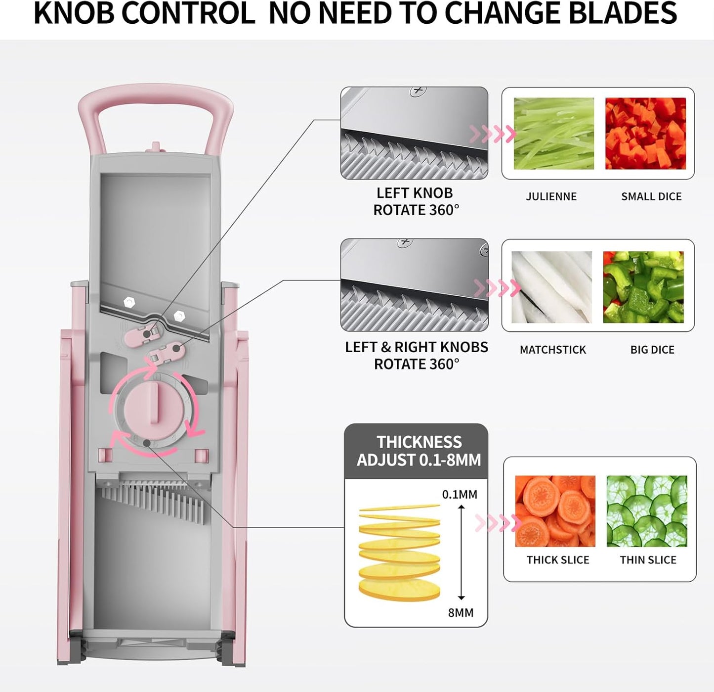 Upgrade Safe Mandoline Slicer for Kitchen, Chopper Vegetable Cutter, Potato Slicer Thickness Adjuster, French Fry Cutter, Veggie Dicer Faster Kitchen Mandolin for Meal Prep (Pink)