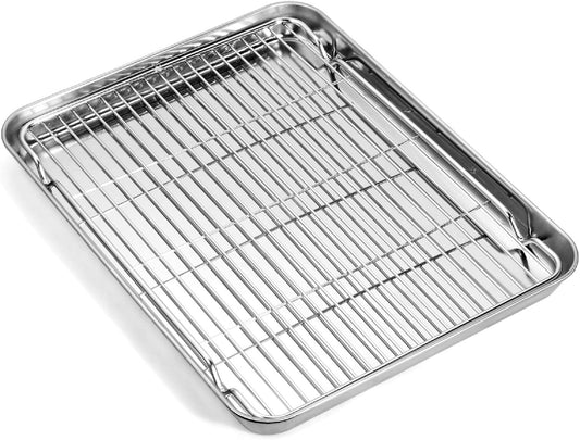 Baking Sheet with Wire Rack Set (1 Baking Pan + 1 Cooling Rack), 16 x 12 x 1 Inch Stainless Steel Cookie Sheet Pan Toaster Oven Tray with Rack, Non-stick & Dishwasher Safe