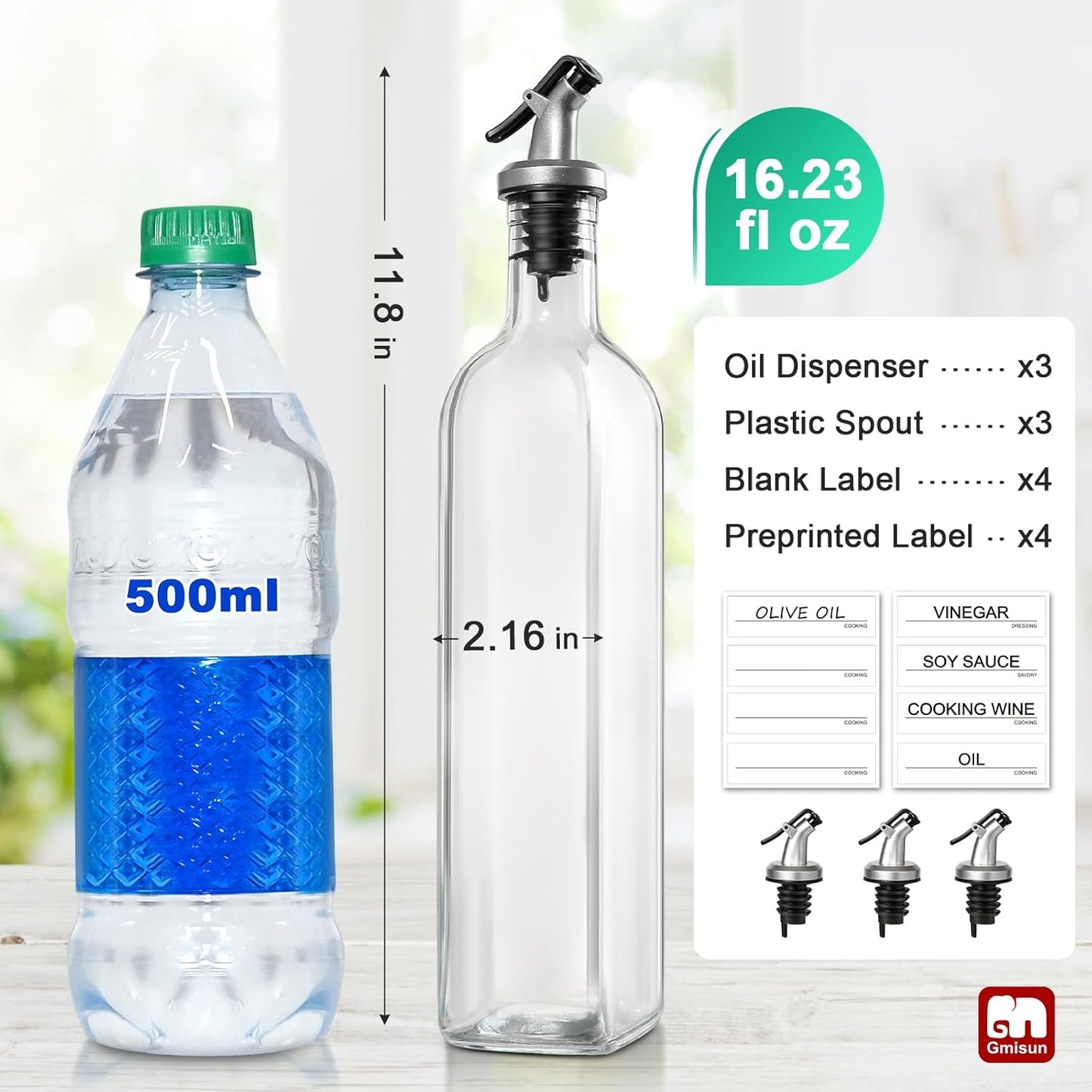 GMISUN Olive Oil Dispenser And Vinegar Bottle 3 Pack 17oz, For Kitchen, Glass Cooking Oil Container Cruet with Pourer Spout, Funnel And Labels, Clear