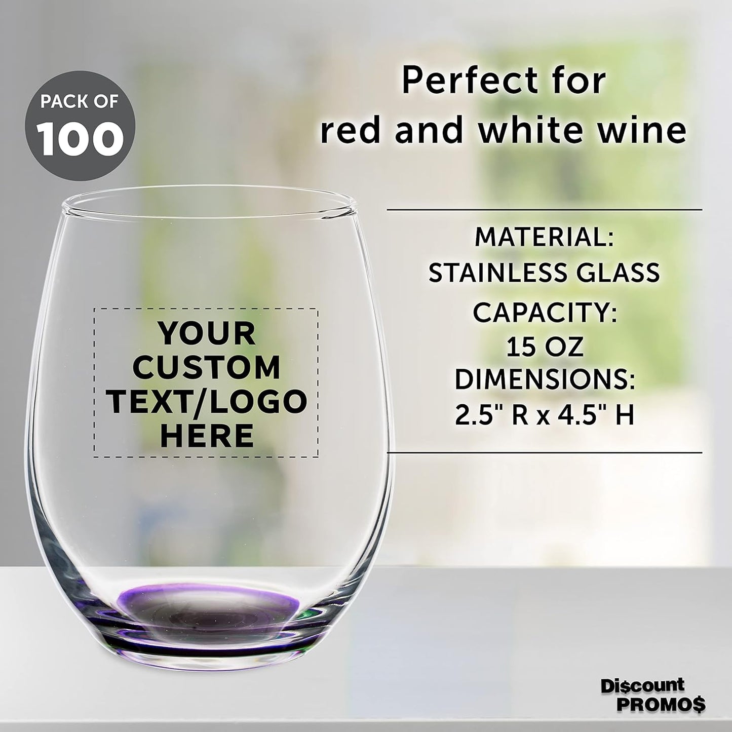 Custom Stemless Wine Glasses in Bulk by ARC Perfection, 15 oz, 100 pack, Personalized Text, Logo, Purple or White Wine Glass Set, Purple