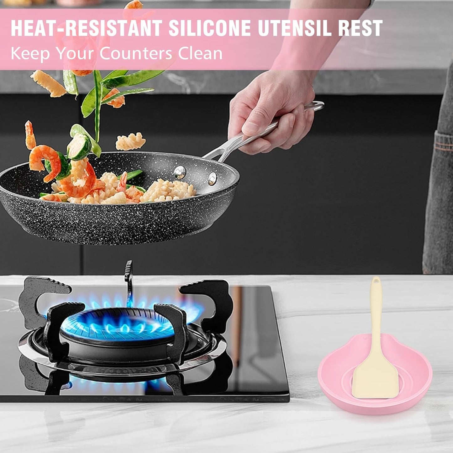 Silicone Spoon Rest for Stove Top - BPA-Free, Heat-Resistant Spoon Holder - Spoon Rest for Kitchen Counter - Large Cooking Utensil Rest for Spoons, Spatulas, Ladles or Tongs - Pink