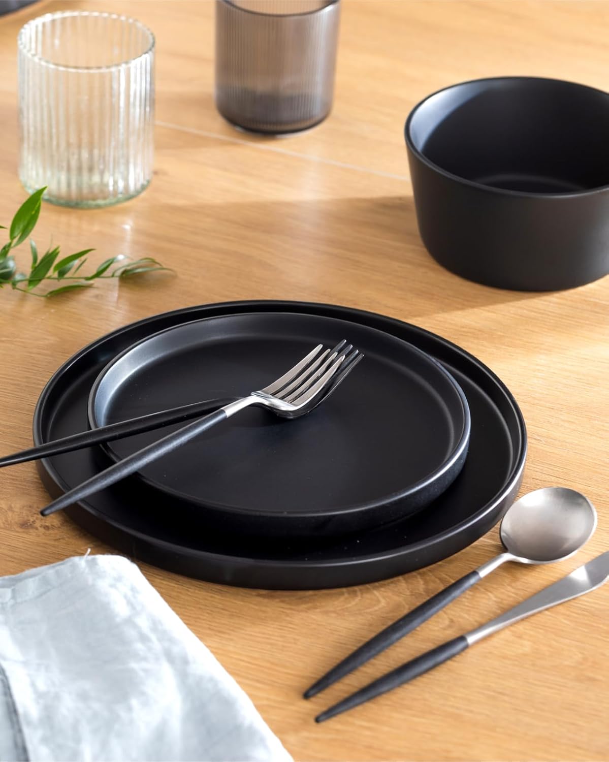 Matte Black Dinnerware Set - Ultra Chic Stoneware for 8-24pcs Plate Set - Dishwasher and Microwave Safe - Ceramic Plates and Bowls