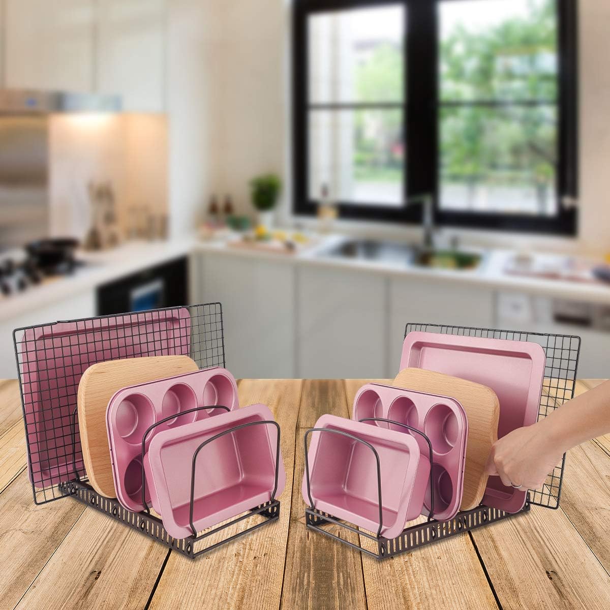 Toplife 10+ Bakeware Organizer Rack for Kitchen Bakeware, Cookware, Dinnerware, Cutting Boards, Plates, Pot and Pan Lids (Brown)