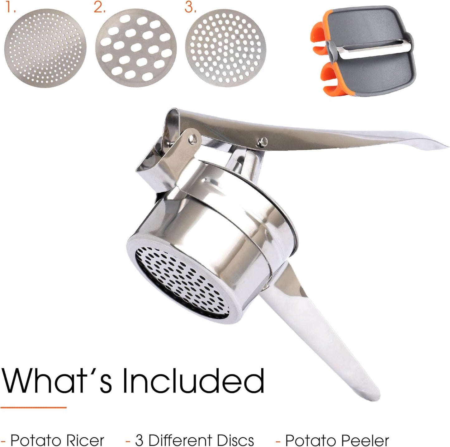 Potato Ricer with Stainless Steel Potato Peeler and 3 Interchangeable Discs | 15 oz Stainless Steel Potato Masher, Kitchen Gadget for Potatoes, Potato Ricer Kitchen Tool by Savver