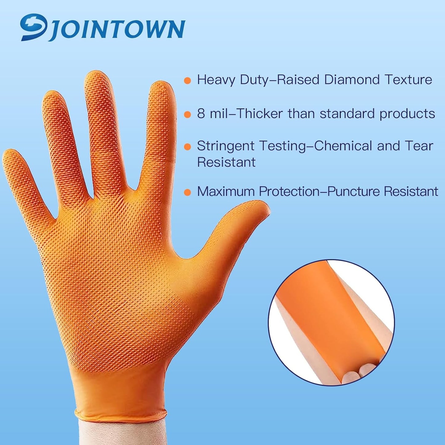 Jointown Basic Heavy Duty Nitrile Gloves, Mechanic Gloves 8 Mil Nitrile Disposable, with Raised Diamond Texture, Case of 100, Orange, XLarge