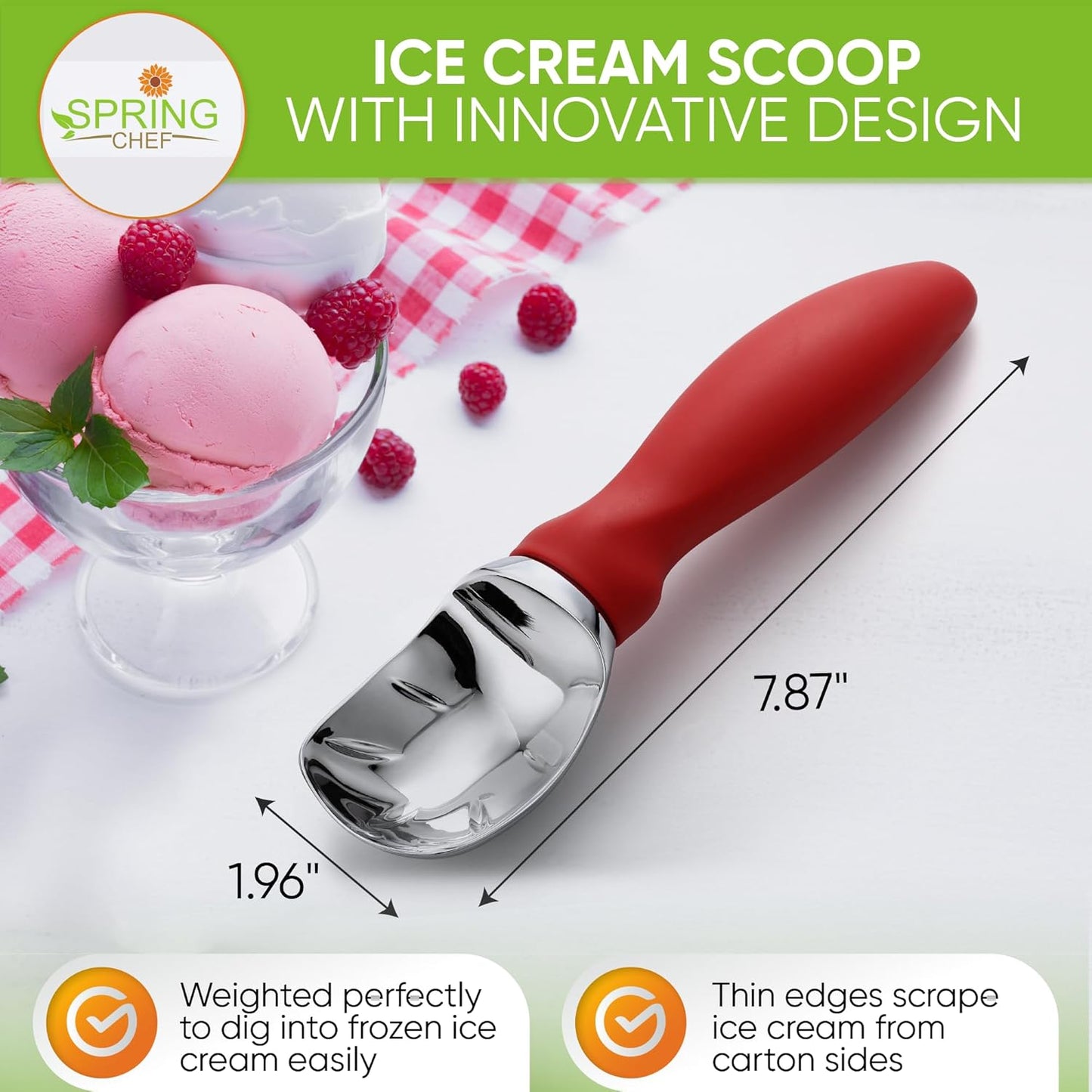 Spring Chef Red Heavy Duty Ice Cream Scoop with Non-Slip Handle, Professional Ice Cream Spoons for Gelato, Sorbet, Frozen Yogurt, Sorbet, Cookie Dough, Melon - Dishwasher Safe - 2 Pack
